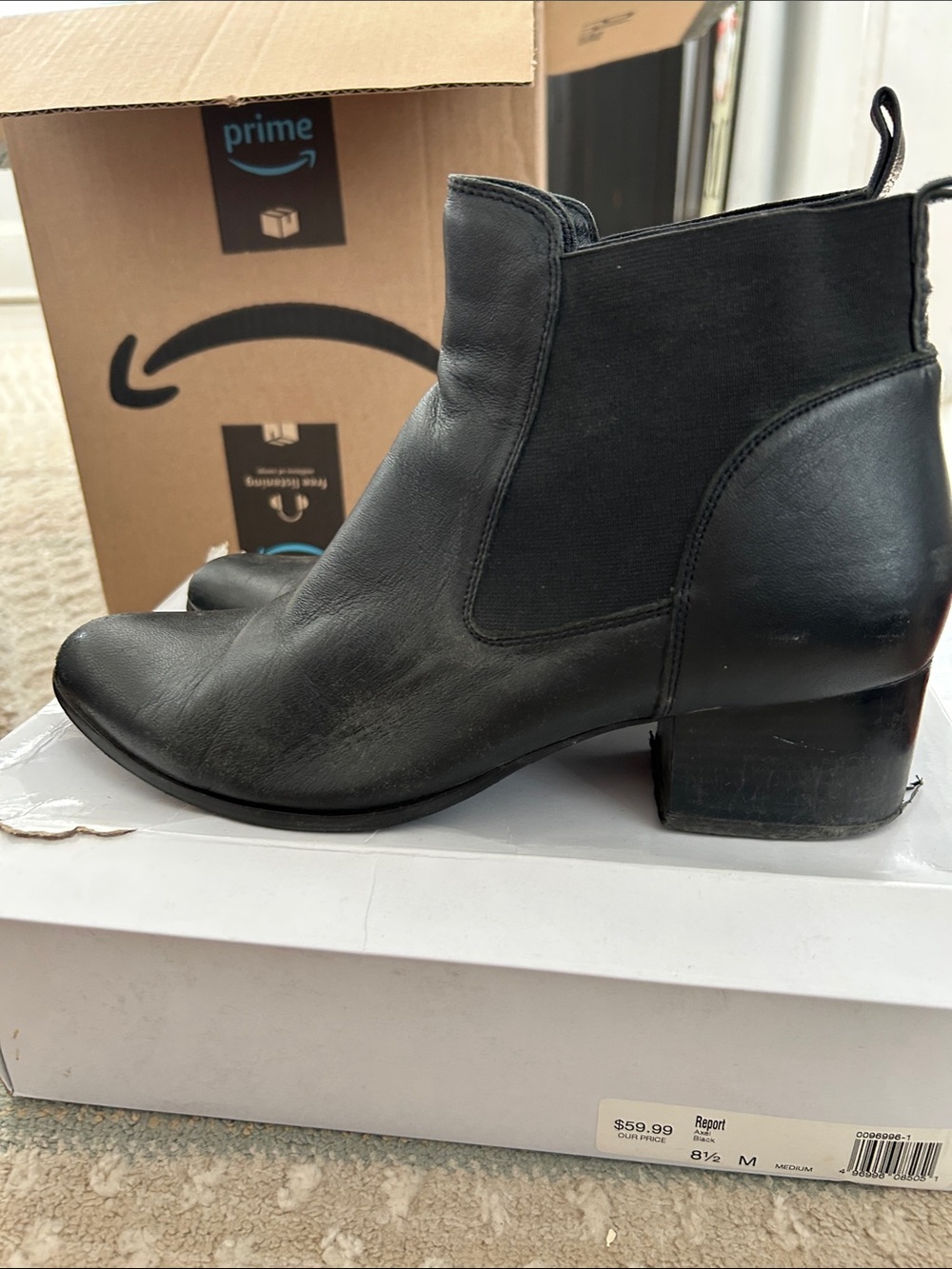 Report Black Leather Ankle Booties with Low Block Heel